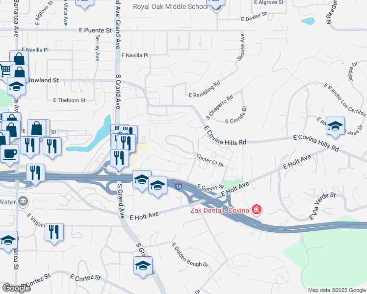 map of restaurants, bars, coffee shops, grocery stores, and more near 1149 Dawn Ridge Way in Covina
