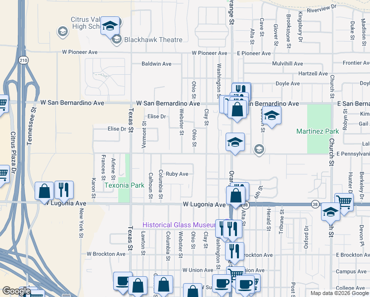 map of restaurants, bars, coffee shops, grocery stores, and more near 1505 Ohio Street in Redlands