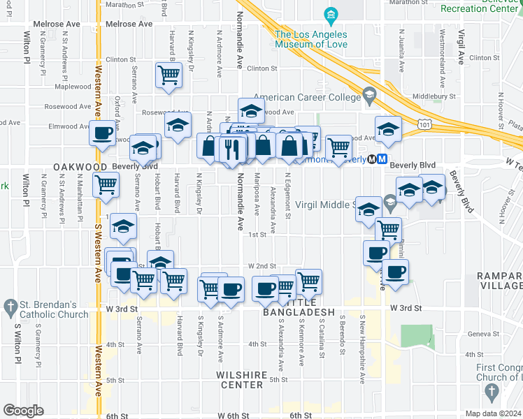 map of restaurants, bars, coffee shops, grocery stores, and more near 136 North Mariposa Avenue in Los Angeles