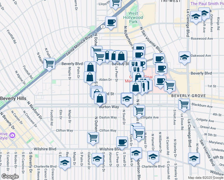 map of restaurants, bars, coffee shops, grocery stores, and more near 142 South Almont Drive in Los Angeles