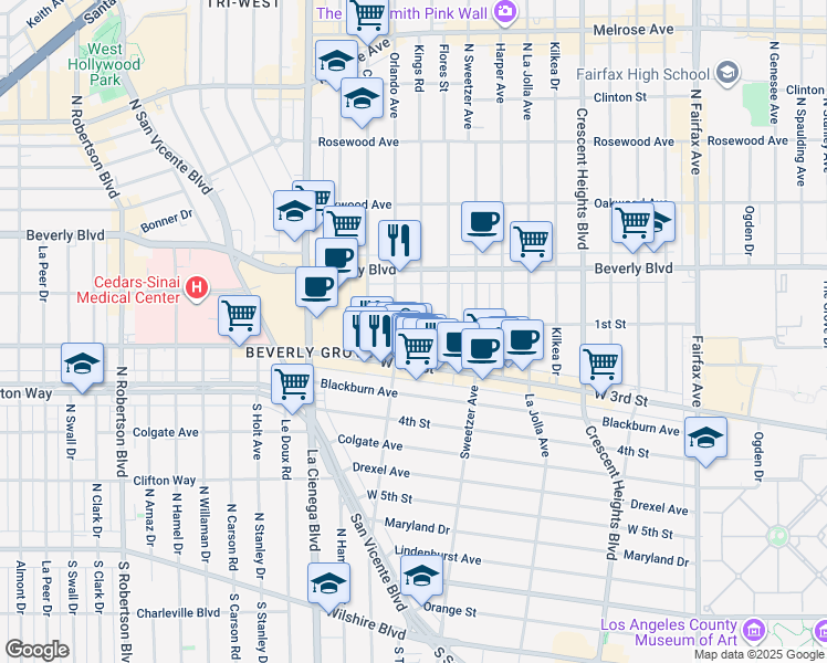 map of restaurants, bars, coffee shops, grocery stores, and more near 111 South Kings Road in Los Angeles