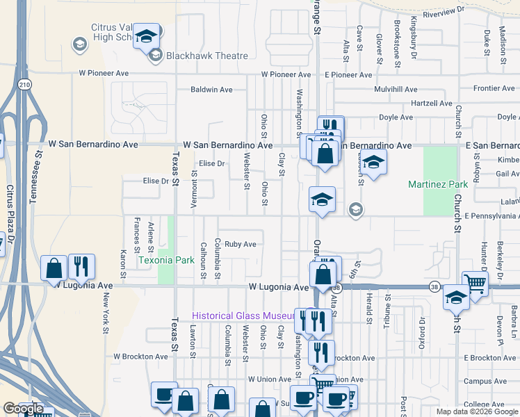 map of restaurants, bars, coffee shops, grocery stores, and more near 1505 Ohio Street in Redlands