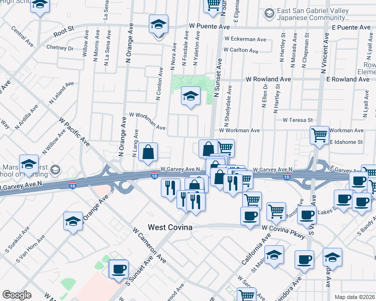 map of restaurants, bars, coffee shops, grocery stores, and more near 216 North Yaleton Avenue in West Covina
