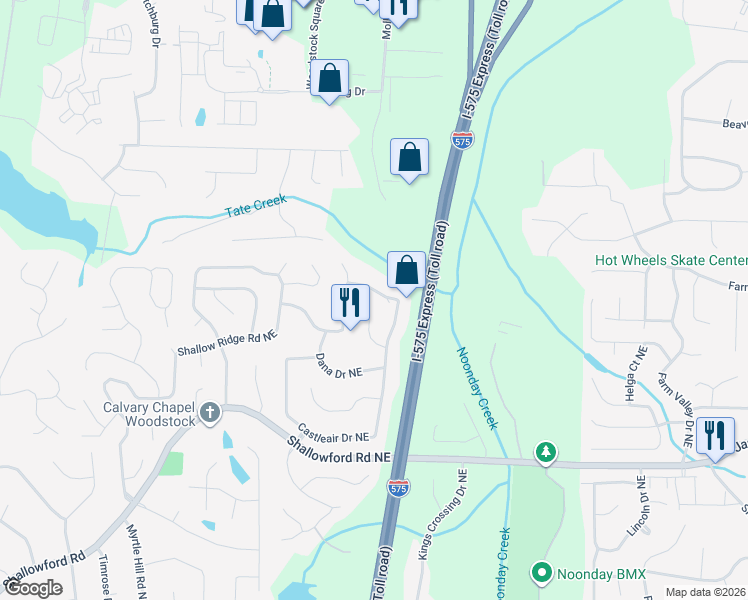 map of restaurants, bars, coffee shops, grocery stores, and more near 342 Shalloway Drive Northeast in Kennesaw