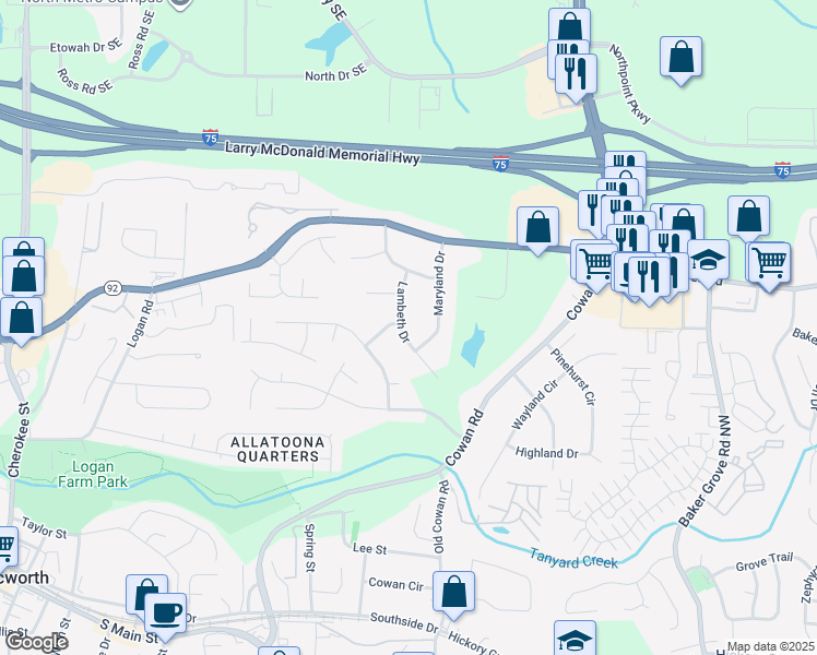 map of restaurants, bars, coffee shops, grocery stores, and more near 5008 Lambeth Drive in Acworth