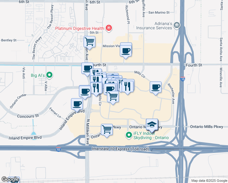 map of restaurants, bars, coffee shops, grocery stores, and more near 1 Mills Circle in Ontario