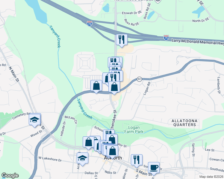 map of restaurants, bars, coffee shops, grocery stores, and more near 4318-4326 Lake Acworth Drive in Acworth