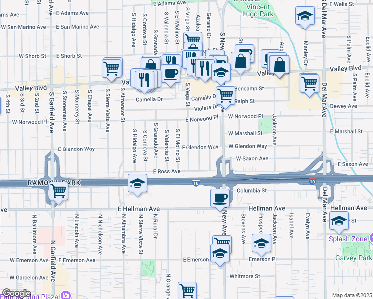 map of restaurants, bars, coffee shops, grocery stores, and more near 1801 South Vega Street in Alhambra