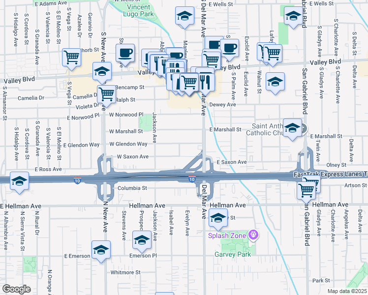 map of restaurants, bars, coffee shops, grocery stores, and more near 128 West Glendon Way in San Gabriel