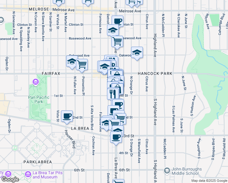 map of restaurants, bars, coffee shops, grocery stores, and more near 114 North La Brea Avenue in Los Angeles