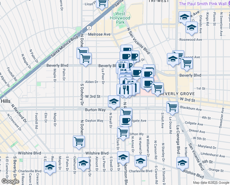 map of restaurants, bars, coffee shops, grocery stores, and more near 142 South Clark Drive in West Hollywood
