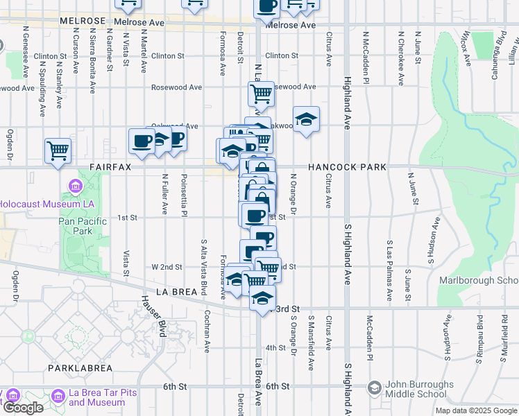 map of restaurants, bars, coffee shops, grocery stores, and more near 114 North La Brea Avenue in Los Angeles