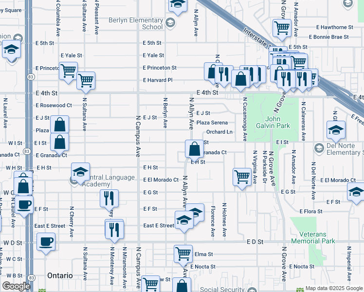 map of restaurants, bars, coffee shops, grocery stores, and more near 846 East I Street in Ontario