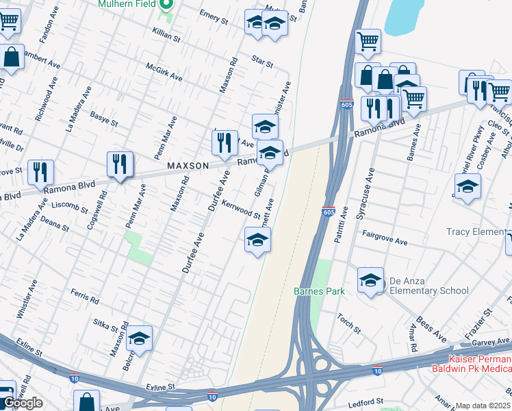 map of restaurants, bars, coffee shops, grocery stores, and more near 4116 Gilman Road in El Monte