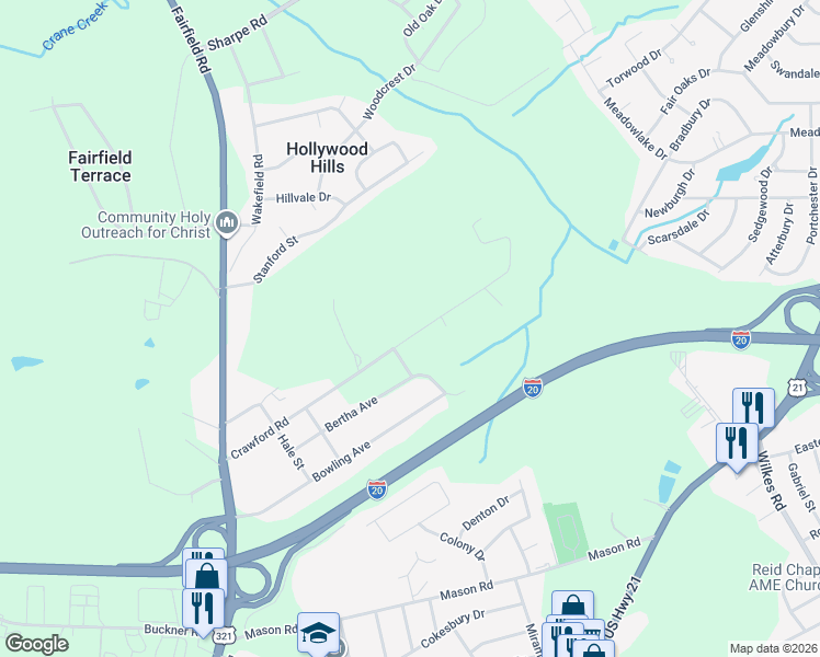 map of restaurants, bars, coffee shops, grocery stores, and more near 413 Crawford Road in Columbia