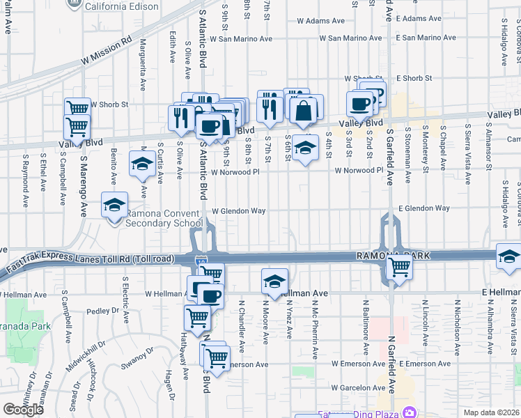 map of restaurants, bars, coffee shops, grocery stores, and more near 709 West Glendon Way in Alhambra