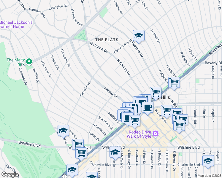 map of restaurants, bars, coffee shops, grocery stores, and more near 606 North Rodeo Drive in Beverly Hills