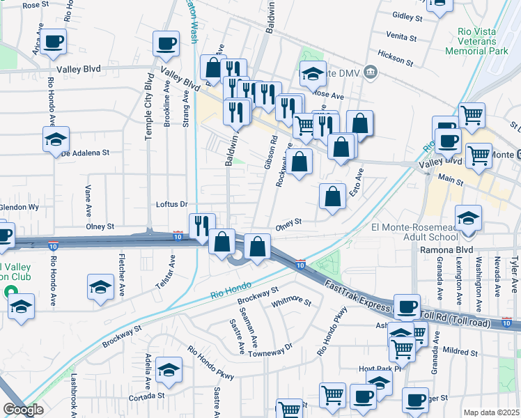 map of restaurants, bars, coffee shops, grocery stores, and more near 3602 Gibson Road in El Monte