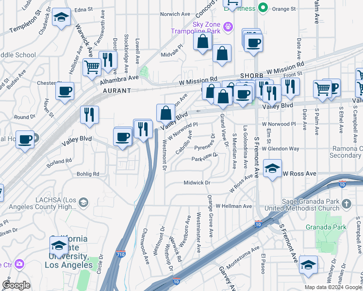 map of restaurants, bars, coffee shops, grocery stores, and more near 1645 Cabrillo Avenue in Alhambra