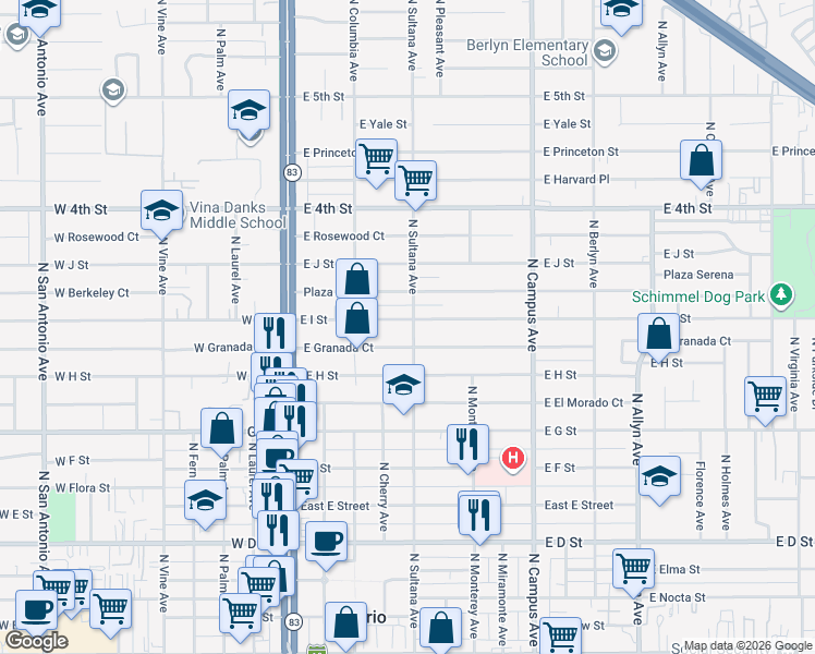 map of restaurants, bars, coffee shops, grocery stores, and more near 424 East I Street in Ontario