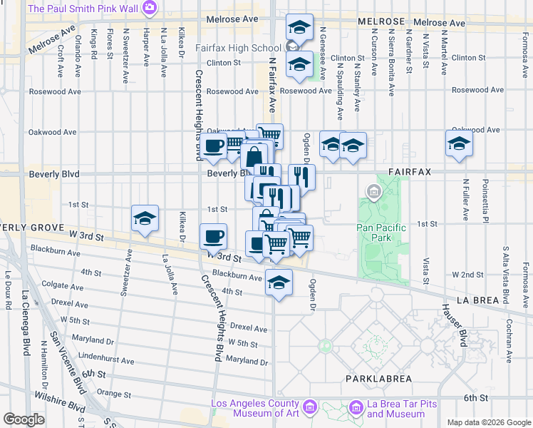 map of restaurants, bars, coffee shops, grocery stores, and more near 104 South Hayworth Avenue in West Hollywood