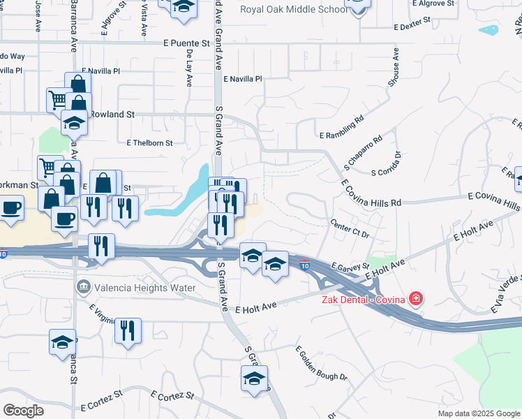 map of restaurants, bars, coffee shops, grocery stores, and more near East Hillhaven Drive in West Covina