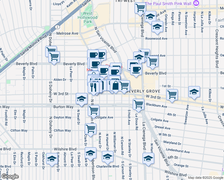 map of restaurants, bars, coffee shops, grocery stores, and more near 8635 West 3rd Street in Los Angeles