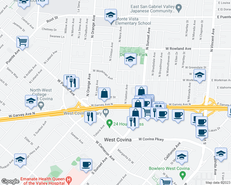 map of restaurants, bars, coffee shops, grocery stores, and more near 1540 Dennis Place in West Covina