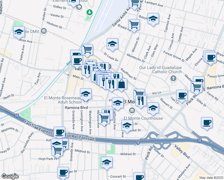 map of restaurants, bars, coffee shops, grocery stores, and more near 11013 Main Street in El Monte