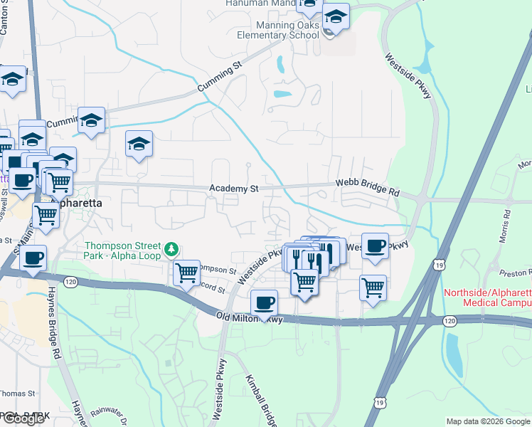 map of restaurants, bars, coffee shops, grocery stores, and more near 1280 Jamestowne Trail in Alpharetta