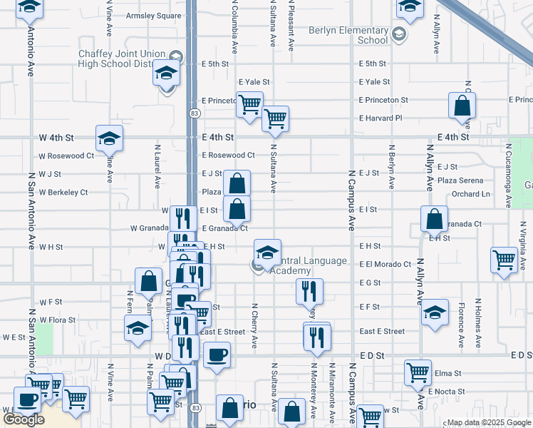 map of restaurants, bars, coffee shops, grocery stores, and more near 424 East I Street in Ontario