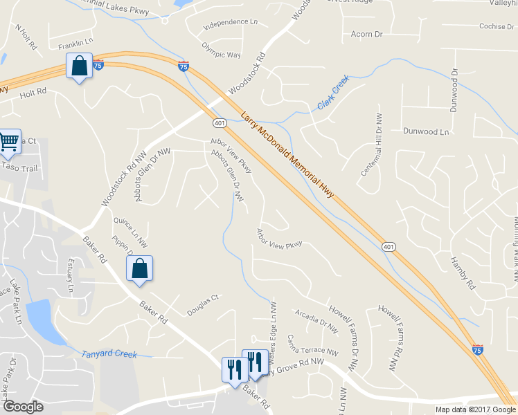 map of restaurants, bars, coffee shops, grocery stores, and more near 4971 Arbor View Parkway in Acworth