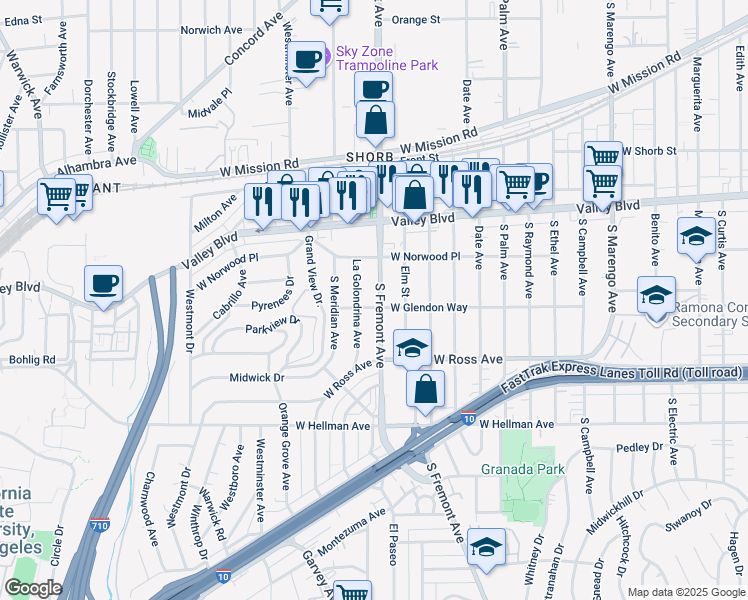 map of restaurants, bars, coffee shops, grocery stores, and more near 1645 Fremont Avenue in Alhambra