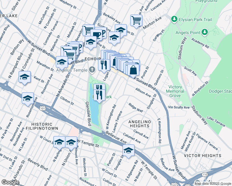 map of restaurants, bars, coffee shops, grocery stores, and more near 1011 Laguna Avenue in Los Angeles