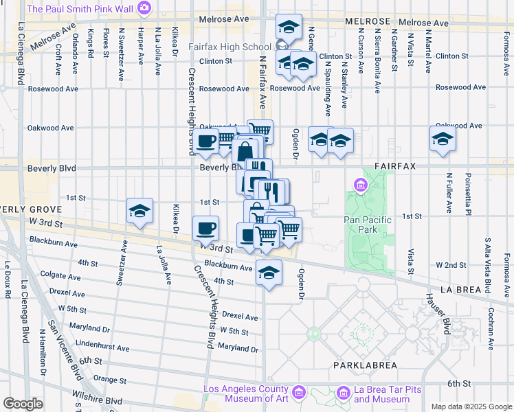 map of restaurants, bars, coffee shops, grocery stores, and more near 105 South Fairfax Avenue in Los Angeles