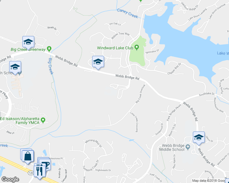 map of restaurants, bars, coffee shops, grocery stores, and more near 3995 Webb Bridge Road in Alpharetta