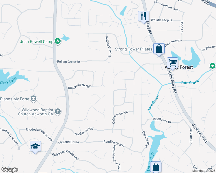 map of restaurants, bars, coffee shops, grocery stores, and more near 4946 Woodland Way Northwest in Acworth