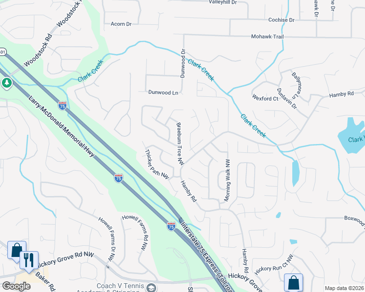 map of restaurants, bars, coffee shops, grocery stores, and more near 2399 Doubletree Drive Northwest in Acworth