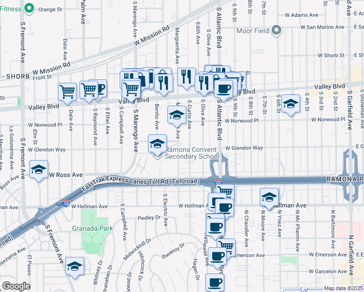 map of restaurants, bars, coffee shops, grocery stores, and more near 1720 Marguerita Avenue in Alhambra