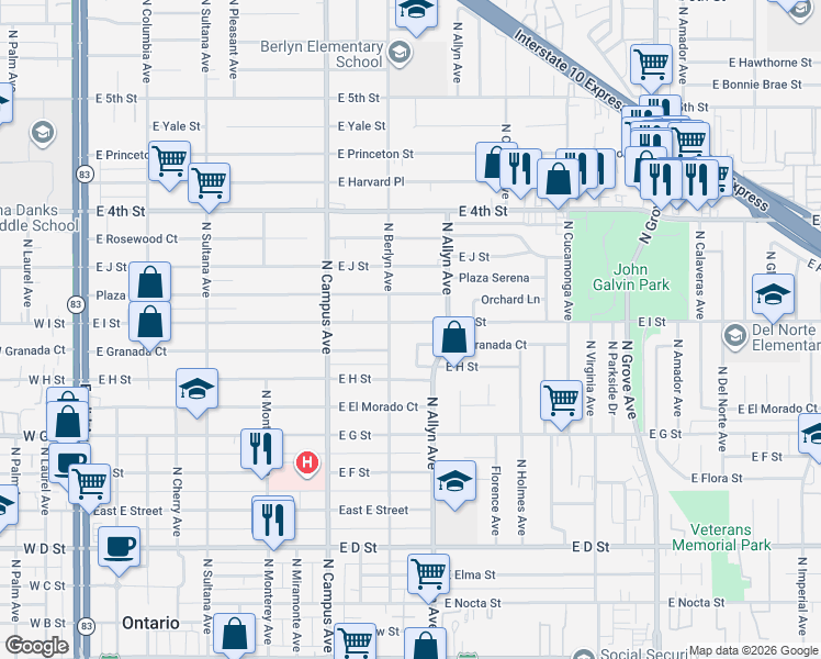 map of restaurants, bars, coffee shops, grocery stores, and more near 846 East I Street in Ontario