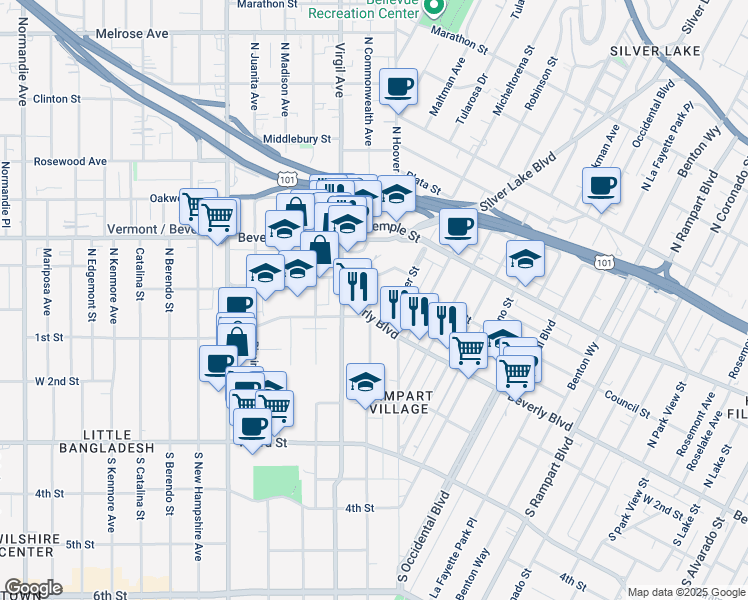 map of restaurants, bars, coffee shops, grocery stores, and more near 116 North Commonwealth Avenue in Los Angeles