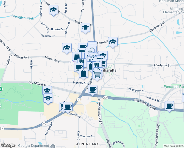 map of restaurants, bars, coffee shops, grocery stores, and more near 69 South Main Street in Alpharetta