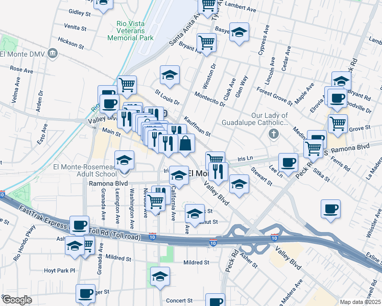map of restaurants, bars, coffee shops, grocery stores, and more near 11151 Valley Boulevard in El Monte