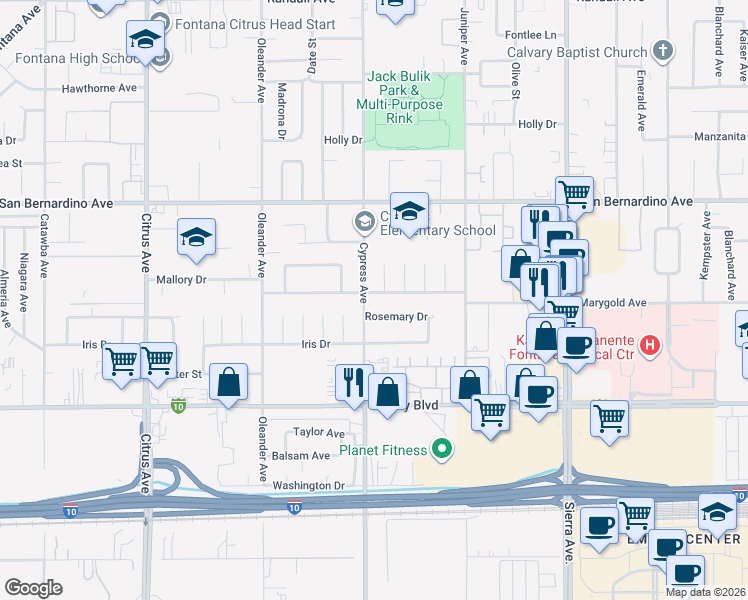 map of restaurants, bars, coffee shops, grocery stores, and more near 16515 Mallory Drive in Fontana