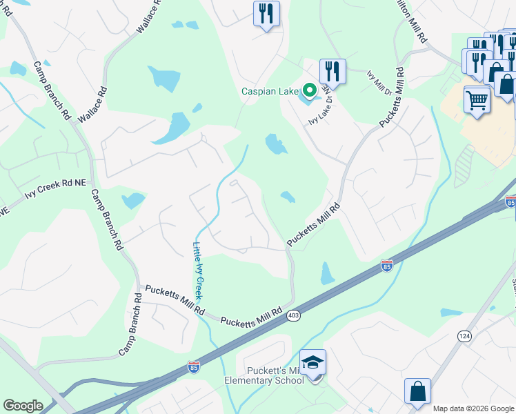 map of restaurants, bars, coffee shops, grocery stores, and more near 2795 Ivy Hill Drive Northeast in Buford