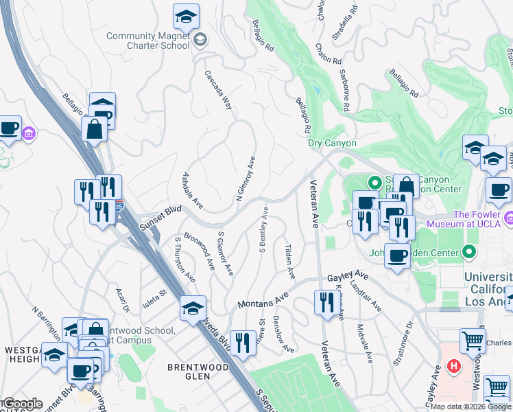 map of restaurants, bars, coffee shops, grocery stores, and more near 11120 Sunset Boulevard in Los Angeles