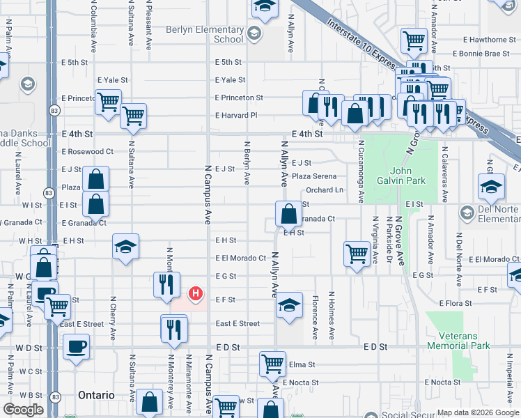 map of restaurants, bars, coffee shops, grocery stores, and more near 846 East I Street in Ontario