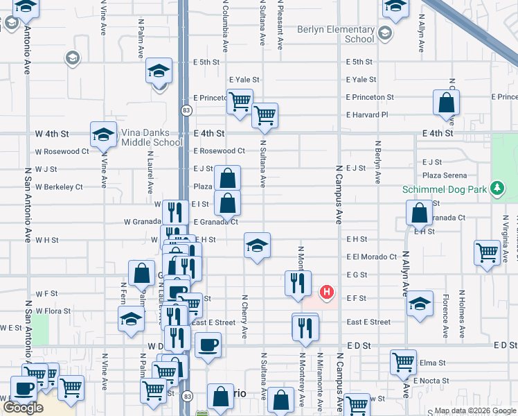 map of restaurants, bars, coffee shops, grocery stores, and more near 424 East I Street in Ontario