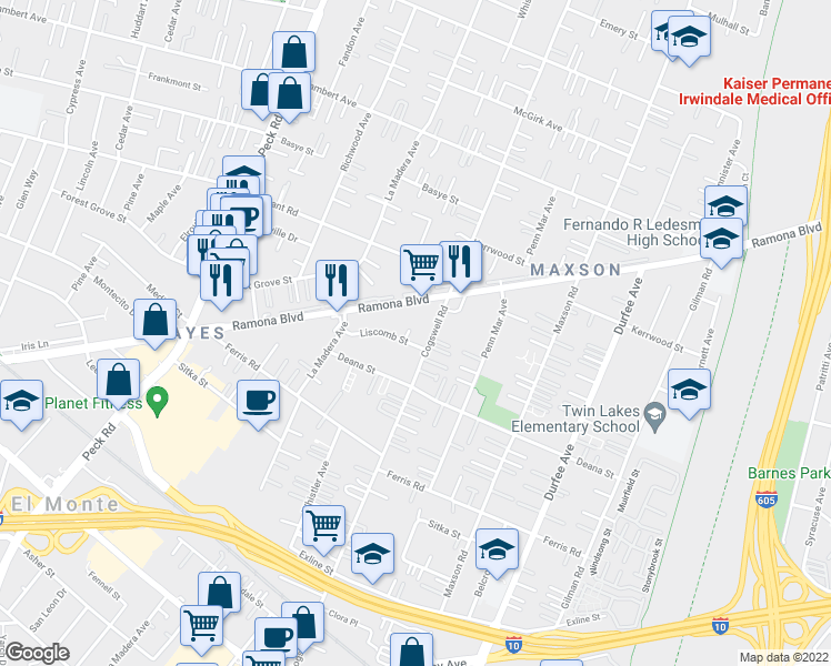 map of restaurants, bars, coffee shops, grocery stores, and more near 3912 Dacona Avenue in El Monte