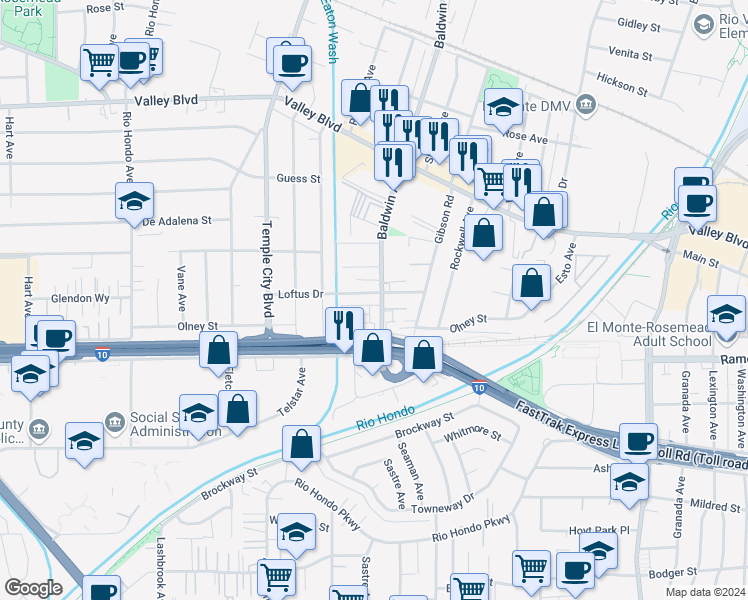 map of restaurants, bars, coffee shops, grocery stores, and more near 9904 Loftus Drive in El Monte